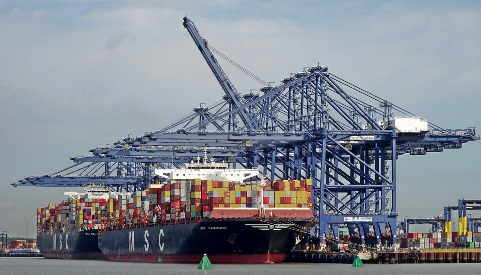 Una vista a las grúas de descarga en el puerto inglés de Felixstowe en plena faena.