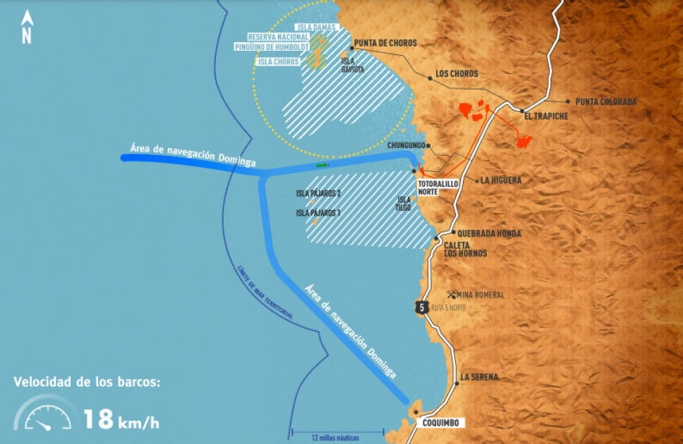 La infografía muestra cómo planifica Andes Iron los movimientos marítimos para el transporte del mineral.