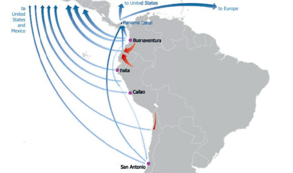 Este mapa, que forma parte del reporte de la ONU, muestra las rutas de tráfico desde la costa del Pacífico en Sudamérica hasta Estados Unidos y México.