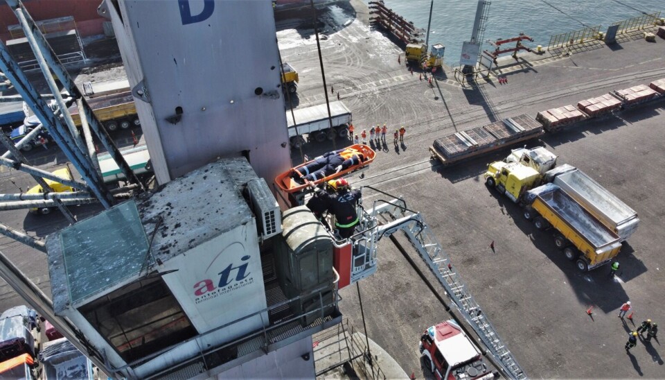 La maniobra a gran altura consistió en rescatar al trabajador en una camilla para ponerlo en manos de los paramédicos en el muelle.