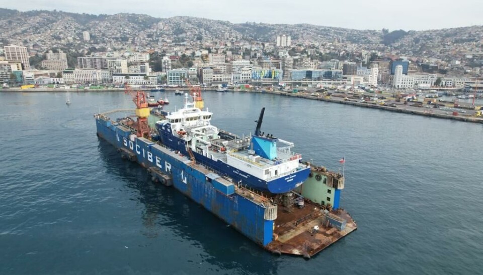 Por estos días está abordo del dique flotante el Ronia Diamond, un buque para el transporte de peces vivos, compartiendo espacio con una barcaza.