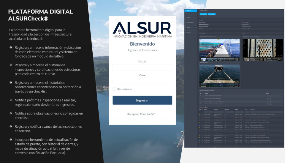 Aplicación creada por ALSUR Ingeniería, permite gestionar, controlar y documentar el estado y ubicación de las estructuras flotantes en el medio marino.