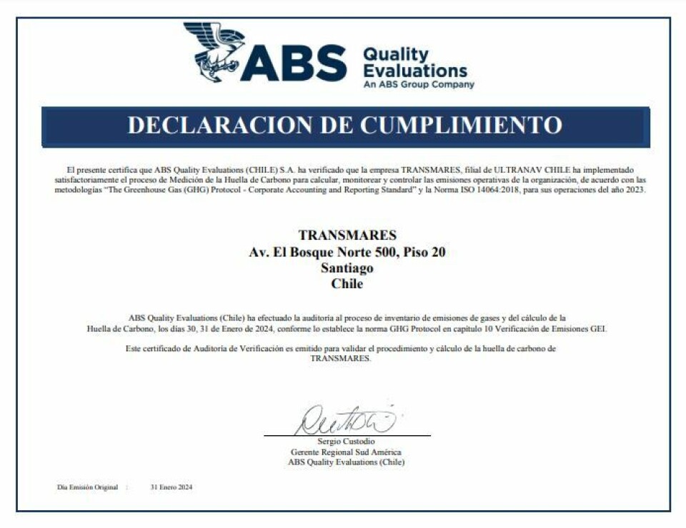 Declaración de cumplimiento entregada por ABS Quality Assessments.