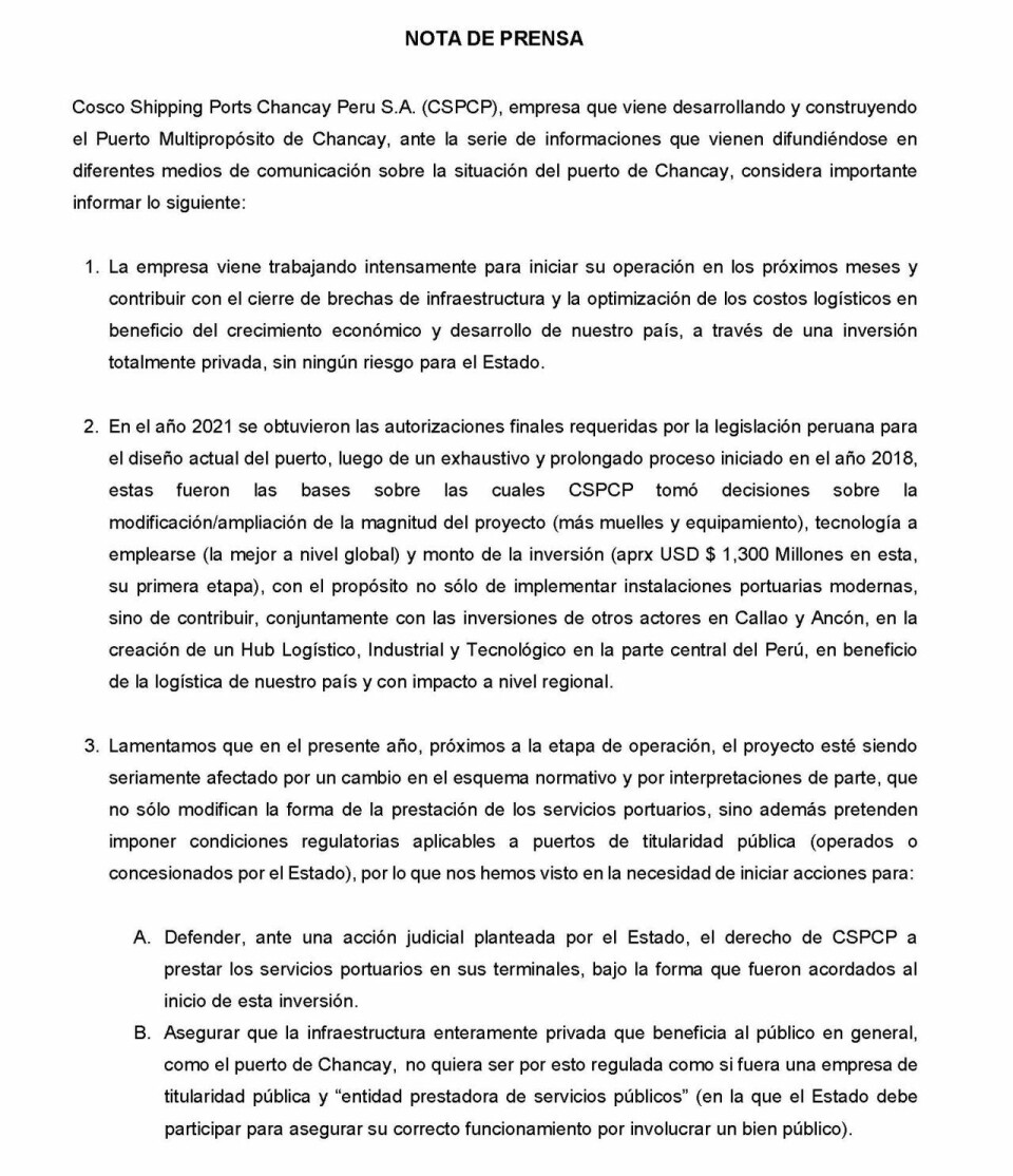 Comunicado emitido por Cosco, la empresa de capitales chinos que construye el Puerto de Chancay