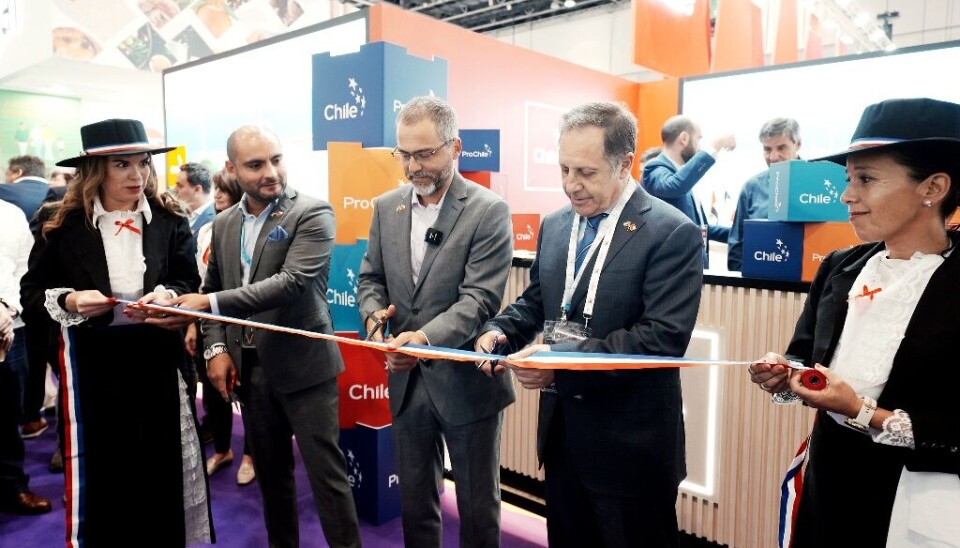 El director general de ProChile y autoridades en el corte de cinta del pabellón nacional.